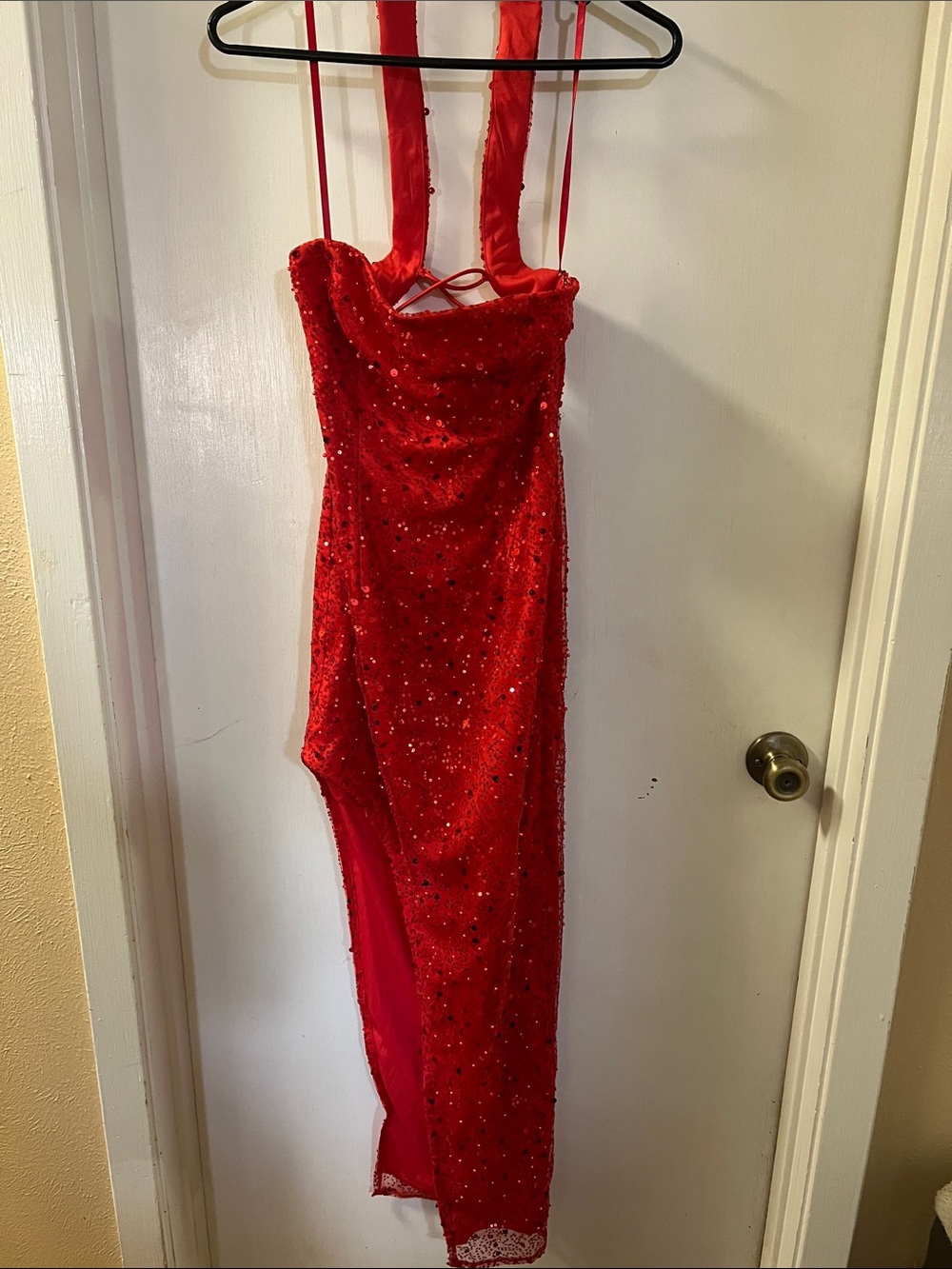 Red Asymmetrical Sequin Strap Evening Dress